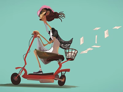 Game Movie Character Riding Red Electric Scooter With Pink Hat Windblown Hair Flying Papers 3d model