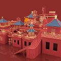 Cartoon Scene of Red Chinese Style Buildings With Blue Roof Pavilions Lanterns Stairs and Slide