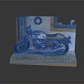 Vintage Silver Red Motorcycle with Brown Leather Seat on Wooden Display Stand and Shelf Mirror Decor