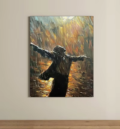 Oil Painting Of Person With Open Arms Under Golden Sunset Light And Water Reflection 3d model