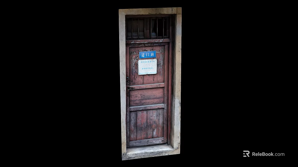 Vintage Old Wooden Door With Blue Sign And Weathered Frame 3d model 