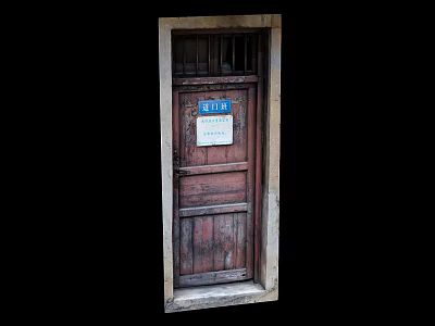 Vintage Old Wooden Door With Blue Sign And Weathered Frame 3d model