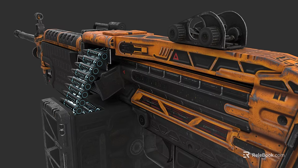 Futuristic Heavy Duty Multi Barrel Weapon With Orange Black Mechanical Design And Detailed Components 3d model 