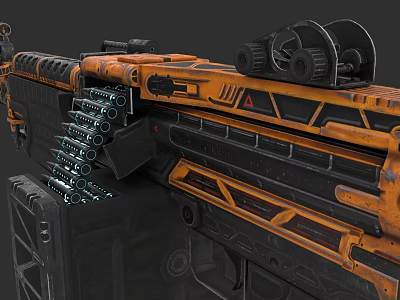 Futuristic Heavy Duty Multi Barrel Weapon With Orange Black Mechanical Design And Detailed Components 3d model