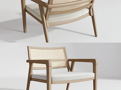 Modern Leisure Chair With Wooden Frame Woven Backrest And White Cushion 3d model