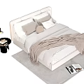 Modern Double Bed With White Frame Multiple Pillows Beige Fringed Blanket On Gray Rug 3d model