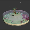 Tropical Circular Island Scene With Blue Water Tree Small Boat Coral Small Plants And Rocks