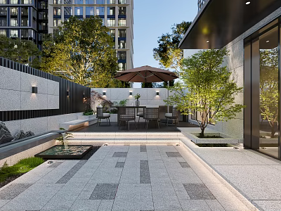 Modern Garden Landscape With Green Trees Outdoor Seating Stone Paved Floor And Building 3d model