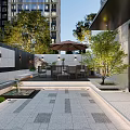 Modern Garden Landscape With Green Trees Outdoor Seating Stone Paved Floor And Building