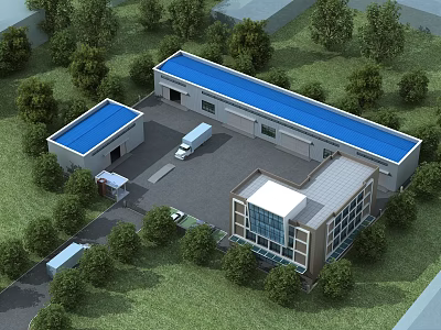 Industrial Factory With Blue Roof Surrounding Green Trees Parking Area And Office Building 3d model