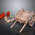 Rustic Wooden Cart With Red Pottery Jars And Small Decorative Items