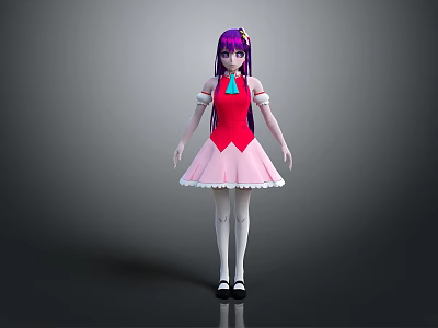 Game Movie Character With Purple Hair Red Top Pink Skirt White Frills Blue Necktie 3d model