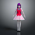 Game Movie Character With Purple Hair Red Top Pink Skirt White Frills Blue Necktie