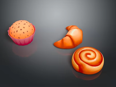 Freshly Baked Assorted Pastries Including Cupcake Croissant And Cinnamon Roll 3d model