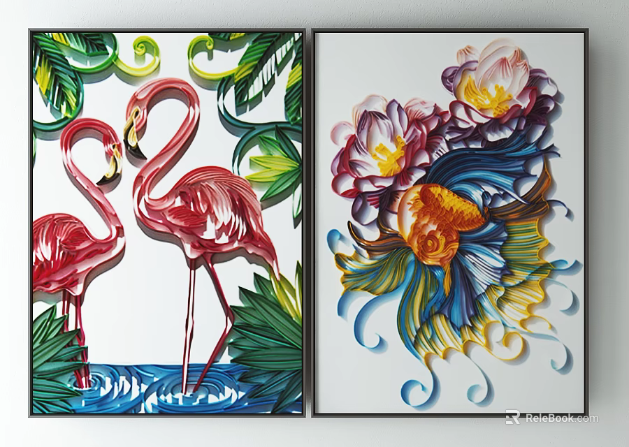 Colorful Animal Paintings Featuring Flamingos Fish Plants And Vibrant Floral Designs 3d model 