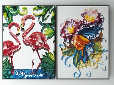 Colorful Animal Paintings Featuring Flamingos Fish Plants And Vibrant Floral Designs 3d model