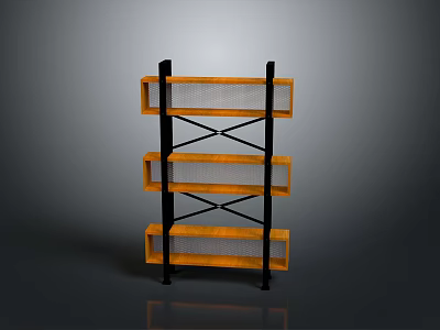 Modern Three Tier Shelf Design With Orange Wooden Shelves And Black Metal Cross Support Frame 3d model