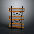 Modern Three Tier Shelf Design With Orange Wooden Shelves And Black Metal Cross Support Frame