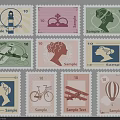 Vintage Stamps Collection With Lighthouse Crown Female Silhouette Airplane Bicycle And Hot Air Balloon Designs