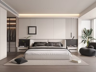 Modern Bedroom Interior With Bed Neutral Tones Bedside Tables Built in Wardrobe And Potted Plant 3d model