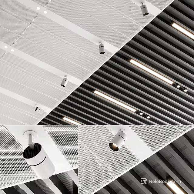 Modern Recessed Downlights And Spotlights Installed In Perforated White And Slat Black Ceilings 3d model 