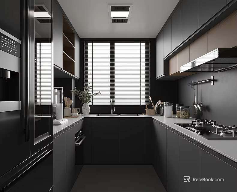 Modern Kitchen Interior Design With Dark Cabinets Window Blinds Countertop And Appliances 3d model 