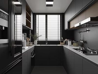 Modern Kitchen Interior Design With Dark Cabinets Window Blinds Countertop And Appliances 3d model