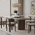 Wooden Dining Table And Chairs Set With Window Blinds Pendant Light And Decorative Paintings