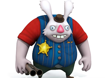 Rabbit Doll Wearing Red Shirt Blue Striped Vest Brown Hat Yellow Star Badge Double Gun 3d model