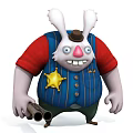 Rabbit Doll Wearing Red Shirt Blue Striped Vest Brown Hat Yellow Star Badge Double Gun