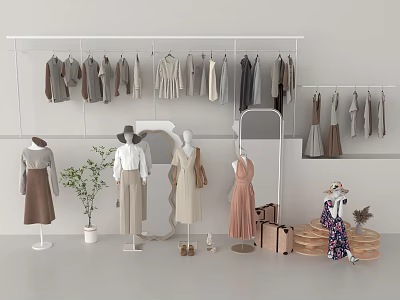 White Clothes Rack with Hanging Clothes Fashion Mannequins Potted Plant Suitcases and Round Decorations 3d model