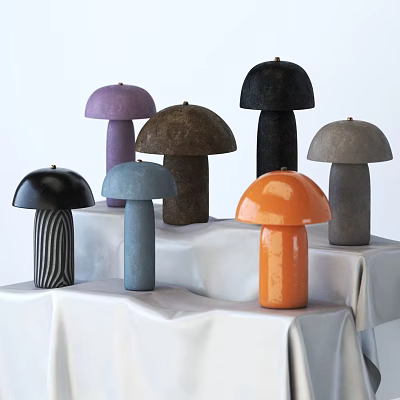 Multiple Stylish Modern Mushroom Lamps in Various Colors on White Tablecloth 3d model Multiple Stylish Modern Mushroom Lamps in Various Colors on White Tablecloth 3d model