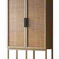 Minimalist Wooden Wardrobe With Rattan Doors Black Handles And Natural Wood Frame