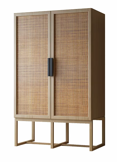 Minimalist Wooden Wardrobe With Rattan Doors Black Handles And Natural Wood Frame 3d model