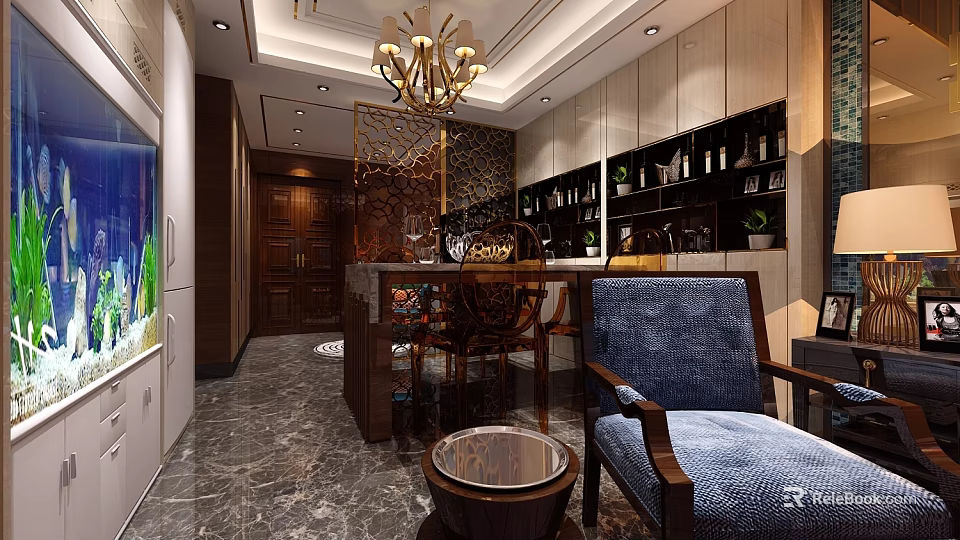 Luxurious Restaurant Interior With Chandelier Wooden Cabinets Wine Rack Bar Counter And Marble Floor 3d model 