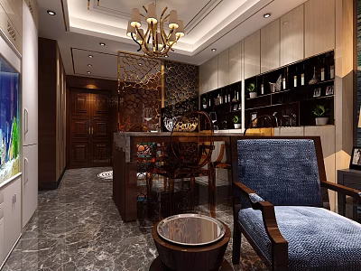 Luxurious Restaurant Interior With Chandelier Wooden Cabinets Wine Rack Bar Counter And Marble Floor 3d model