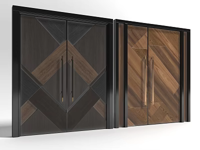 Elegant Modern Double Wooden Doors With Geometric Patterns And Metal Handles 3d model
