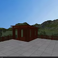 Garden Landscape Featuring Wooden Pavilion Black Roof White Tiled Platform Green Lawn And Distant Mountains