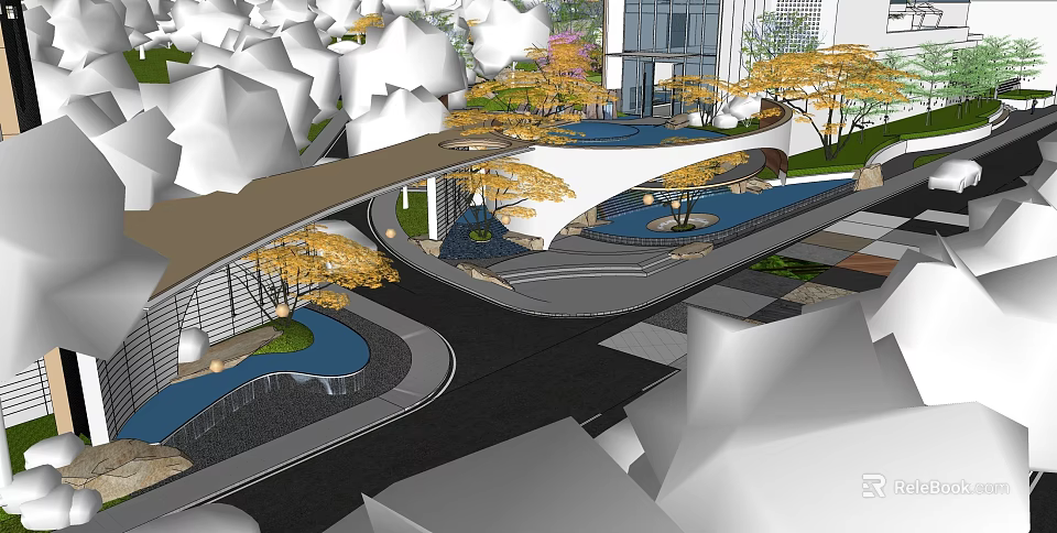 Modern Building Facade Design With Glass Curtain Walls Lush Greenery And Landscaped Pathways 3d model 