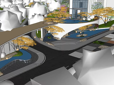 Modern Building Facade Design With Glass Curtain Walls Lush Greenery And Landscaped Pathways 3d model