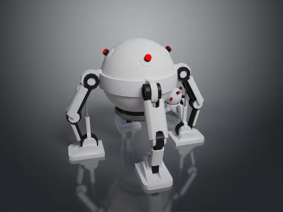White Spherical Robot With Red Eyes And Mechanical Legs On Gray Reflective Surface 3d model