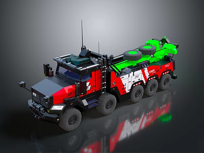 Red White Green Military Tactical Truck With Antenna And Rear Green Equipment 3d model