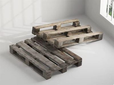 Rustic Stone Wood Pallets Stacked in Bright Room with Natural Light Window 3d model