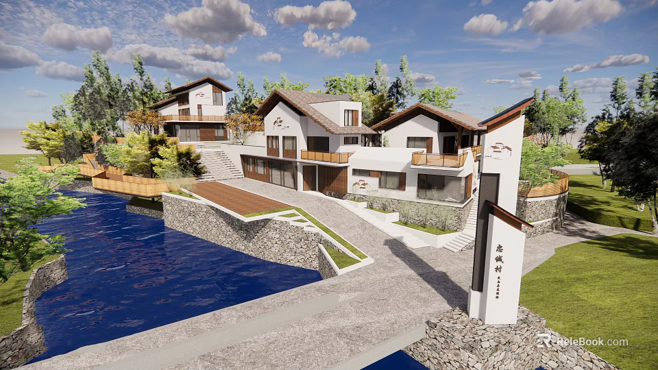 Modern Villa Exterior Design With Waterfront Garden Driveway And Greenery 3d model 