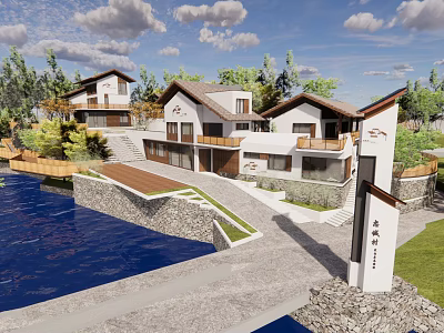 Modern Villa Exterior Design With Waterfront Garden Driveway And Greenery 3d model