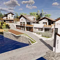 Modern Villa Exterior Design With Waterfront Garden Driveway And Greenery