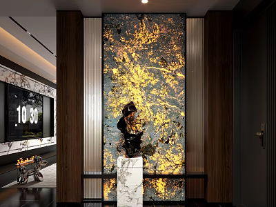 Modern Entryway Hallway with Golden Black Textured Wall Sculpture Console Table and White Decorative Scroll 3d model
