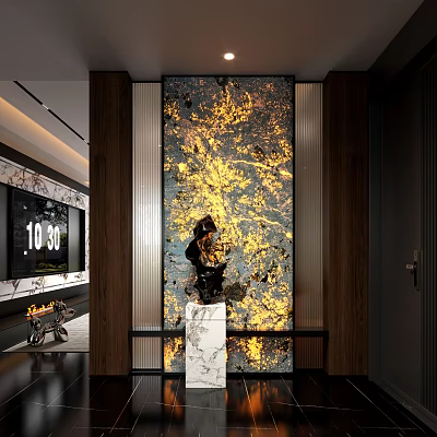 Modern Entryway Hallway with Golden Black Textured Wall Sculpture Console Table and White Decorative Scroll 3d model