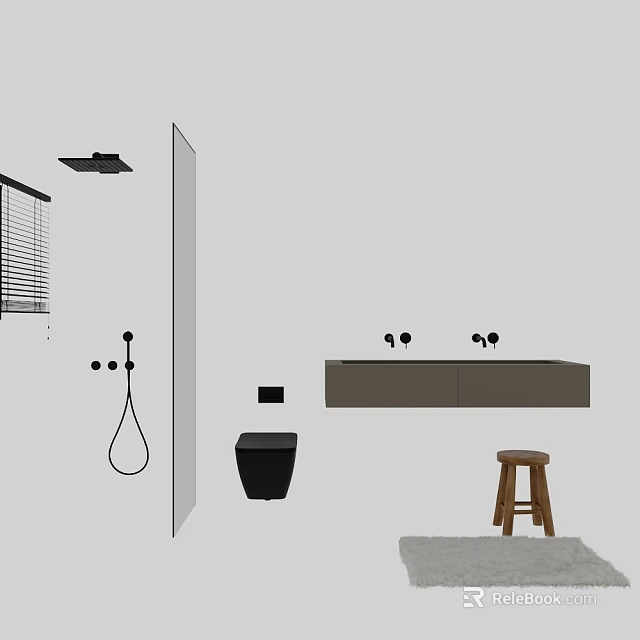 Modern Bathroom Interior With Glass Shower Partition Vanity Faucets Toilet And Stool 3d model 
