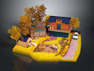 Cartoon Countryside Scene With Wooden Houses Yellow Trees Animal Pen White Car And Green Grass 3d model